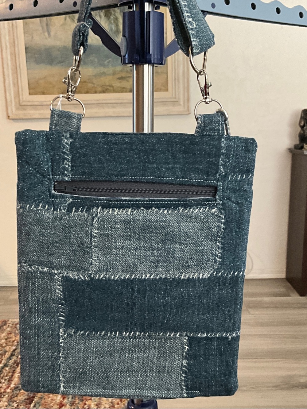 Denim Patchwork Crossbody Bag with Front Zip Enclosure